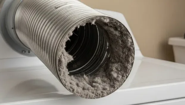 Dryer hose packed with lint before cleaning